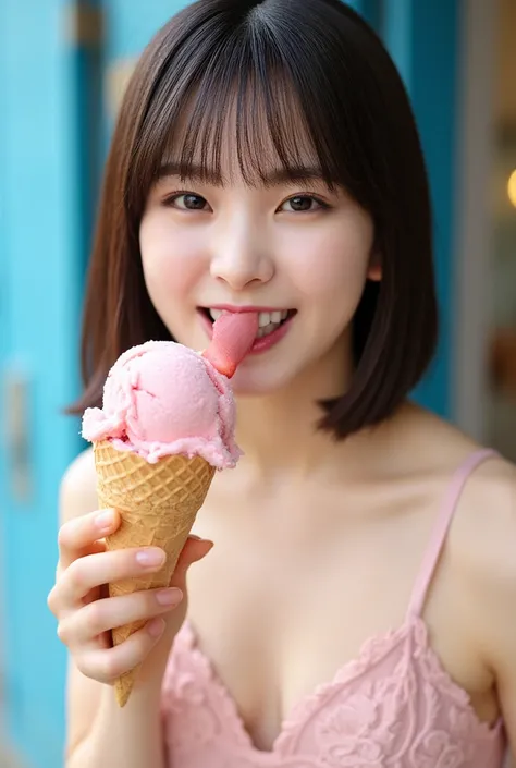 A charming young Asian woman with short, sleek brown hair and soft bangs playfully enjoys a refreshing strawberry ice cream cone. She wearing an elegant pastel pink lace lingerie set adorned with floral embroidery. Her bright, expressive eyes gaze warmly t...