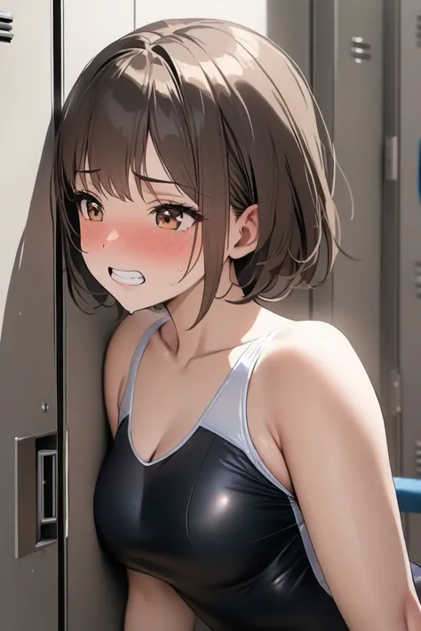 top quality, masterpiece,  Hi-Res, 8k, (1 girl), Alone, (((face shot))),   brown hair short hair, I'm scared and clench my teeth,  Locker Room, Gymnastics Leotards, milf, Blushing in shame 