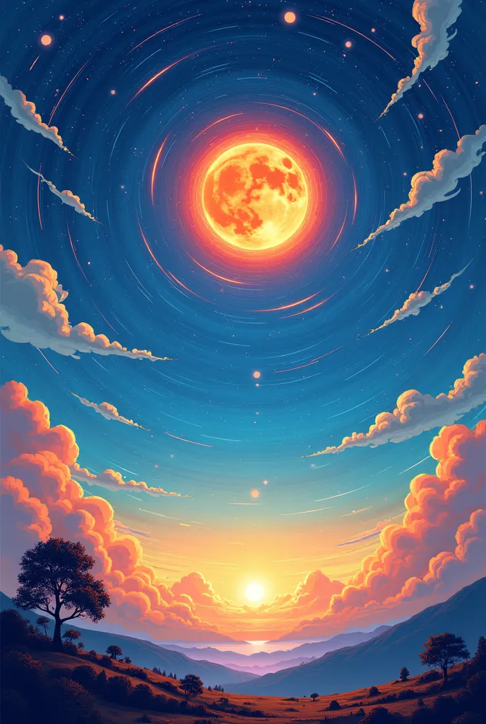 Vibrant, dreamlike landscape, swirling night sky, bright stars, large, fiery sun, shades of blue, orange, yellow, distant mountains, sparse trees, serene scene, dynamic clouds, cosmic elements, wonder