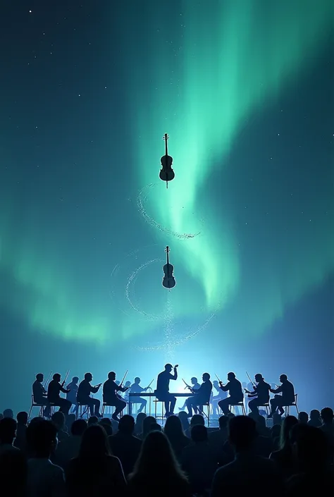 "An ethereal orchestra plays beneath an aurora-filled sky, but no musicians are in sight. Instead, instruments levitate in mid-air, their strings plucked by invisible forces. Notes swirl around like stardust, creating visible ripples in the air as if the m...