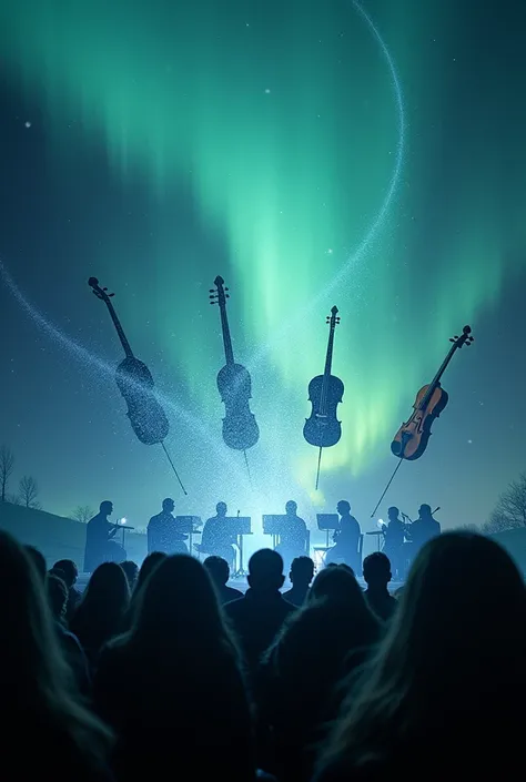 "An ethereal orchestra plays beneath an aurora-filled sky, but no musicians are in sight. Instead, instruments levitate in mid-air, their strings plucked by invisible forces. Notes swirl around like stardust, creating visible ripples in the air as if the m...