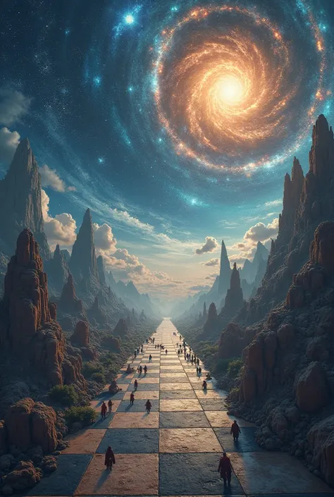 "A grand chessboard stretches across the sky, its squares alternating between deep space and swirling galaxies. Celestial beings made of stardust move the enormous chess pieces, each shift shaping the fate of entire worlds. Below, mountains and cities rise...