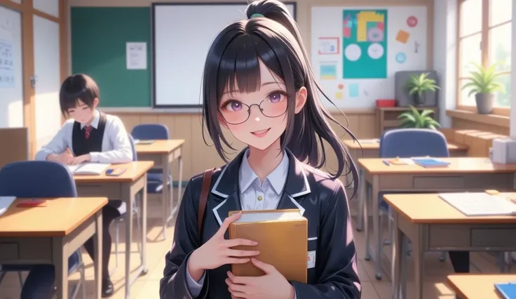  girl、Hold a textbook and smile、 Black Hair Ponytail、 dark eyes、Glasses、 blazer uniform、classroom