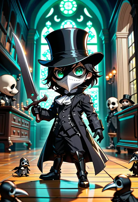 (masterpiece, best quality),(ultra highres, ultra-detailed),popart,chibi,chibi-boy,solo ,he holds a knife,at medival gorgeous mansion,BREAK (male butler,(wearing plague-doctor costume,plague-doctor mask),eyes glow green,black hat,black butler suit, gloves)...