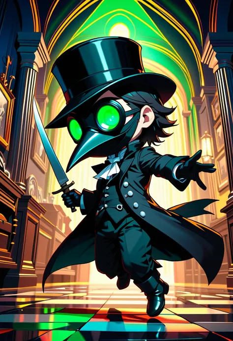 (masterpiece, best quality),(ultra highres, ultra-detailed),popart,chibi,chibi-boy,solo ,he holds a knife,at medival gorgeous mansion,BREAK (male butler,(wearing plague-doctor costume,plague-doctor mask),eyes glow green,black hat,black butler suit, gloves)...