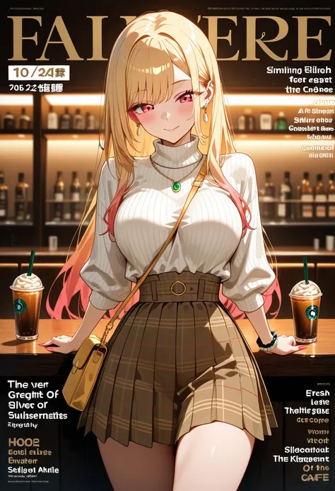 Marin Kitagawa, perched at a small wooden table in a softly lit indoor café, leaning back just enough so her body is turned diagonally from the camera, sipping an iced latte through a straw, looking down at the drink with calm focus, long sleek blonde hair...