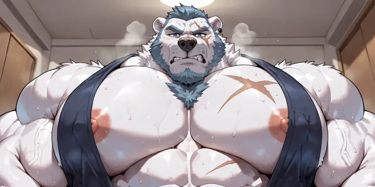 score_7_up, score_8, score_9, correct anatomy, detailed eyes, high resolution, hyper-detailed,
((solo)), male, white fur, polar bear, 
((massive size difference)), ((10 feet tall)), muscle, massive, big muscle, massive muscle, dominant, rough, abs, eight p...