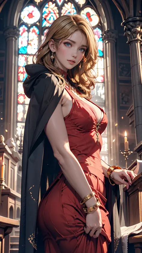 Dark Souls,  sex, Ancient Church ,  adult woman,  slim,  tall , Long blonde curly hair,  long black cloak ,  red leotard long skirt, Rhombus pattern long skirt , gold bracelet, 8k,  official style ,  European aristocrats , 