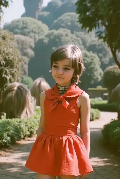 ( Masterpiece ,  Best quality :1.2),  twelve year old girl  ( is wearing a tight red short dress) walks in the park of the future