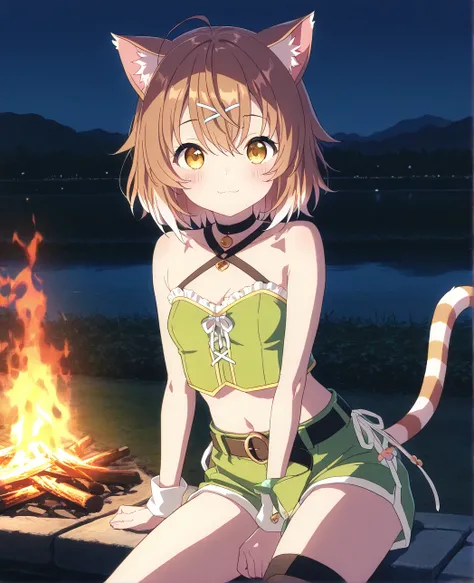 very awa, masterpiece, best quality, newest,  highres, absurdres、 fantasy world 、 There is only one 、 nap cat、 nap cat 　vtuber、Cat girl、 short hair、Reddish brown hair、Cute single tusk、 very small breasts、 thin body、 Read more、 Green costume、Riverside、Bonfi...