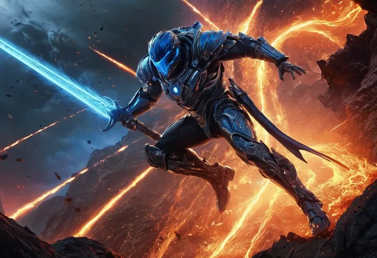 1male, space warrior in sleek metallic armor with glowing blue accents and intricate engravings; the armor features a flowing black cape dramatically billowing in the wind; wielding a plasma sword mid-swing with radiant blue energy trails; the character is...