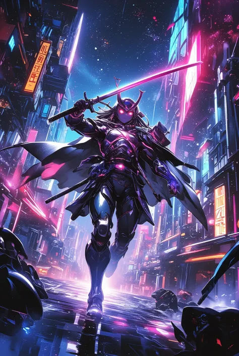 Ruthless Space Samurai ,  Japanese Sword with Shining Blade ,  Spacesuits with Armor Images ,  Running through Space , Cool,  cyberpunk,  Neon Light ,  Cosmic Space,  professional writing,  Sci-fi,  Intricate Details,  cinematic lights,  vibrant colors,  d...