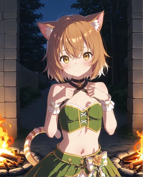 very awa, masterpiece, best quality, newest,  highres, absurdres、 fantasy world 、 There is only one 、 nap cat、 nap cat 　vtuber、Cat girl、 short hair、Reddish brown hair、Cute single tusk、 very small breasts、 thin body、 Read more、 Green costume、Riverside、Bonfi...