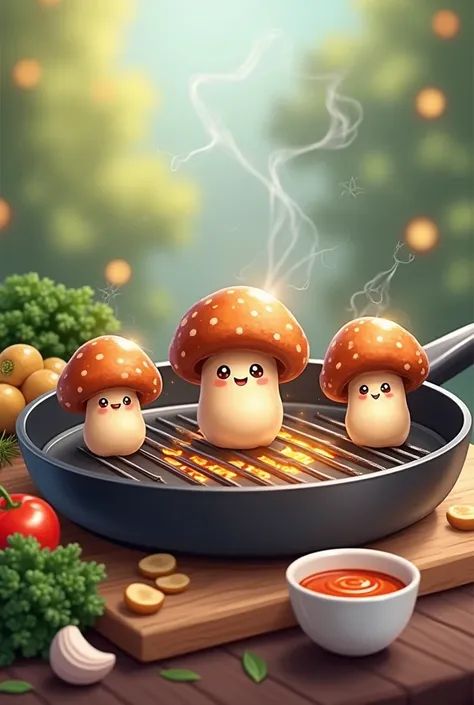 3 cute cartoon mushrooms ,NOT SLICED,Brown mushroom heads, are about to be grilled on a grill pan,There is a cup of dipping sauce on the side and vegetables,bitter, garlic ,