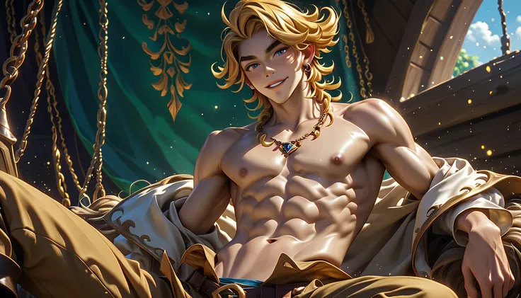 a fantasy skinny boy, younger than aged 20 old, with splendid long pony blonde hair, he is tanned, with a sexy facial expression, he is in the tresure cavern dressed like a pirate, he is completely naked, hairless body, slim abs, he is showing his stunning...