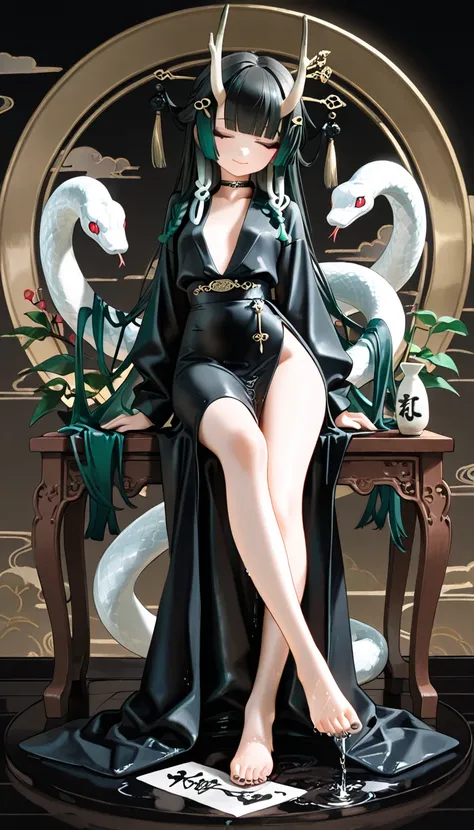 1girl, closed one eyes, black long braids Hair, dark green Gradient Hair, blunt bangs, hime cut, soft smile, snake, horns, flat Breast, Traditional office suit, high waist, side slit long skirt, Choker, bare legs, foot, toenails, black nails, masterpiece, ...