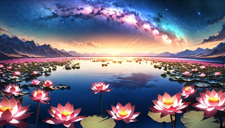 超 high image quality, high image quality, high quality , Spectacular Scenery , Magnificent Pure Land of Paradise ,((Heavenly world)),((( A large group of huge and very beautiful lotus flowers that fill the surface of the lake))),(((1000 lotus flowers on ...