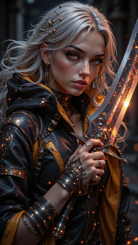  A powerful female cyberpunk warrior ， with flowing white gold hair and dark red eyes ， wearing a futuristic jacket in black and yellow ，Decorated with spikes and metal bands ， one handle HUGE SWORD WITH GLOWING CARVINGS AND SCRATCHES。 This artwork is fine...