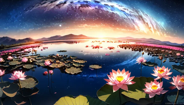 超 high image quality, high image quality, high quality , Spectacular Scenery , Magnificent Pure Land of Paradise ,((Heavenly world)),((( A large group of huge and very beautiful lotus flowers that fill the surface of the lake))),(((1000 lotus flowers on ...