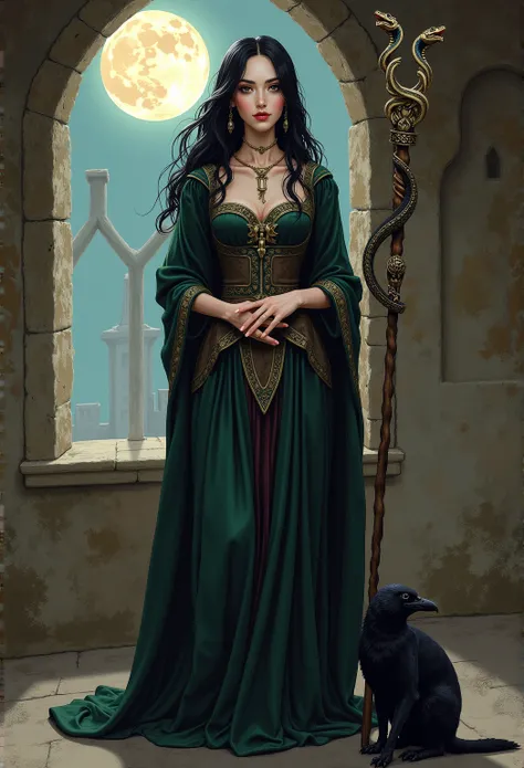 A realistic medieval fantasy portrait of a courtesan of 30 years. She is a pale beauty with raven-black colored hair. 
In her hands she hold a staff with two entwined serpents. Show her in a castle. Through the window of the castle moonlight is visible. 
A...