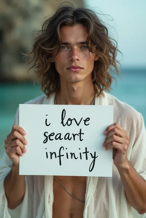 Beautiful boy with wavy long hair, bohemian dress, holding a white board with text "I Love Seaart Infinity" and showing it to the viewer his name is sherry