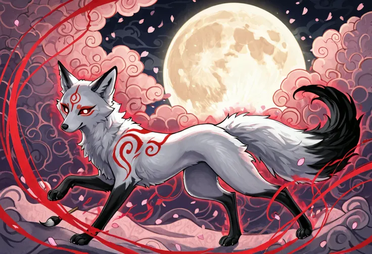 A traditional Japanese ukiyo-e style illustration of a white nine-tailed fox with intricate red markings on its forehead. The fox is surrounded by swirling sakura petals and stylized clouds, with a backdrop of a glowing full moon. The composition features ...
