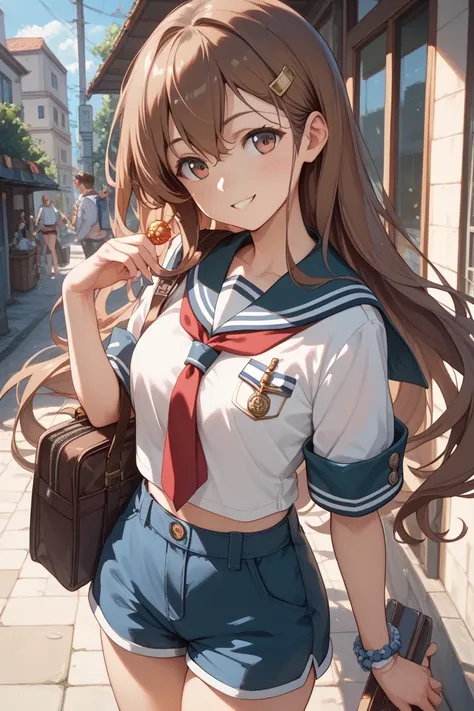  Kantai Collection、ball milling、 brown hair long、 sailor suit、 cute、natural、 shorts 、Red tie、 long hair