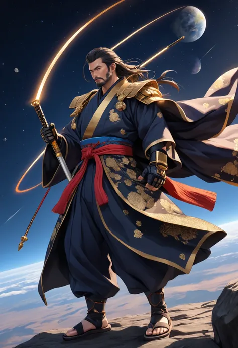 A space samurai who continues to travel through space. A legendary samurai dressed in a kimono, simple sandals, and a long knotted cheonmage. The samurai easily sliced the huge meteorite flying towards him in half., (best quality, masterpiece, absolutely r...