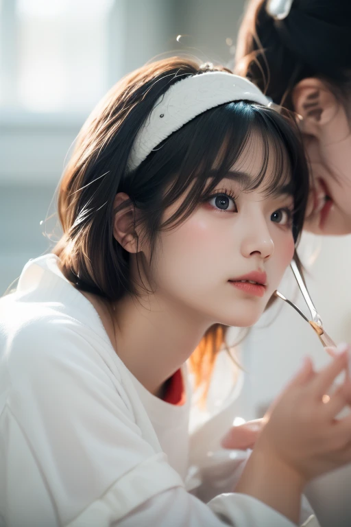 Black hair, short, small face, white, clear, double, thin lips, beautiful nose, big, dark eyes, Japanese live action, bangs, thinner lips, slightly saggy eyes, makeup, young beauty, slightly wider nostrils, small reality 