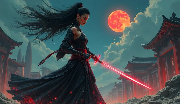 sci-fi, fantasy, dark, female samurai in space, electric katana in hand, floating long straigth black hair, dark eye makeup, red lipstic, sci-fi samurai outfit, alien planet with 3 moons, building looks like ancient japnese building but have futuristic end...