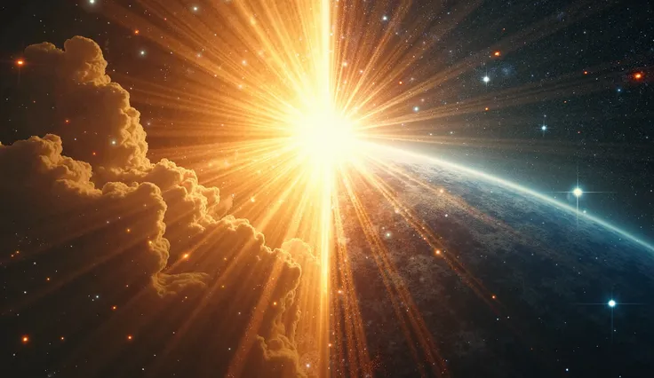 Imagine a powerful scene that juxtaposes the moment of creation in Genesis 1 with the proclamation from the Gospel of John. On one side, God is depicted in a divine light, speaking the command "Let there be light," with brilliant rays of light bursting for...