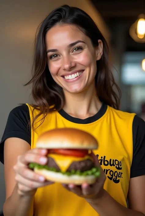 A woman wearing a yellow and black t-shirt written Sandubao Burguer holding a hamburger and smiling 