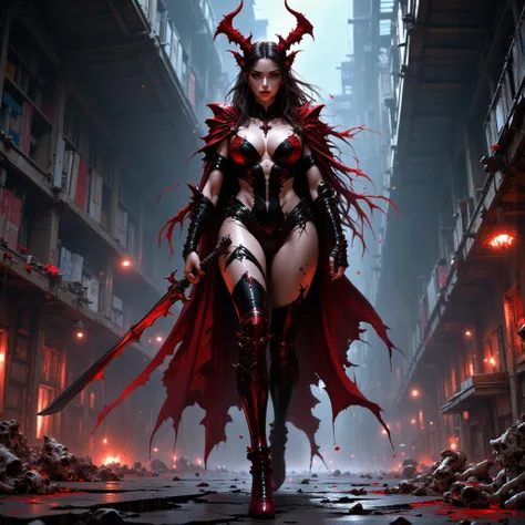 - "Russian" Adult Woman, Beautiful, tall, long legs, Devil Red Horns on her head (Cat Ears), Long Reddish Black Hair. 
Body full of tattoos that are very clearly visible. 

- Wearing a costume ("Full Sexy Armor"), a costume that embodies the "Devil" Form, ...