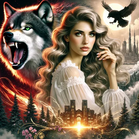 (DETAILED, extremally contrasting, Ultra-vivid and VIBRANT , hi-rez) vibrant vivid bright contrasting white-red-gold-black colors for the cover of a passionate mystical novel, a professional realistic digital hyperRealistic ART, there is a full growth full...