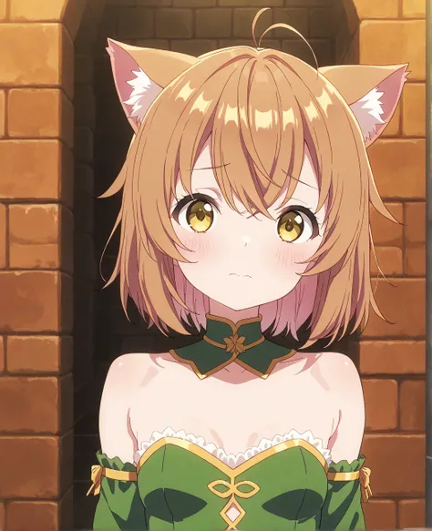 very awa, masterpiece, best quality, newest,  highres, absurdres、 fantasy world 、 There is only one 、 nap cat、 nap cat 　vtuber、Cat girl、 short hair、Reddish brown hair、Cute single tusk、 very small breasts、 thin body、 Read more、 Green costume、Riverside、girl ...