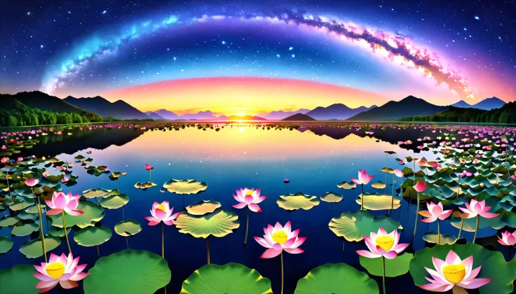 超 high image quality, high image quality, high quality , Spectacular Scenery , Magnificent Pure Land of Paradise ,((Heavenly world)),((( A large group of huge and very beautiful lotus flowers that fill the surface of the lake))),(((There are 100000 lotus...