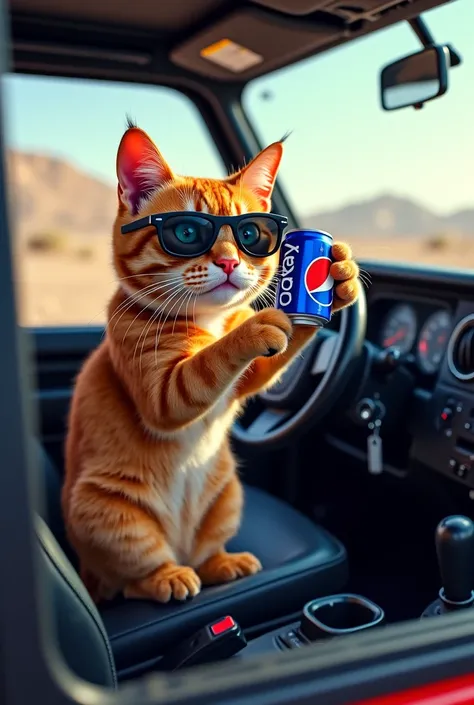 A logo to my •~MEOW2️⃣0️⃣1️⃣2️⃣ youtube channel witha real cat who has wearing sunglasses when drinking a pepsi driving a modified defender