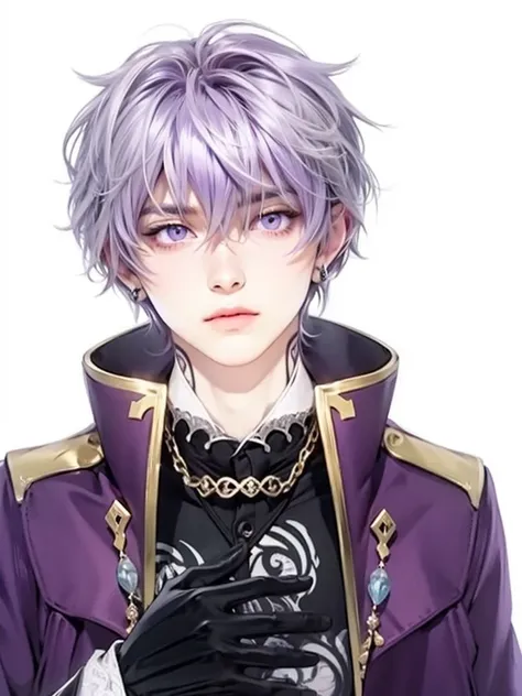 Anime boy, handsome face, purple hair, purple eyes, style prince, black background