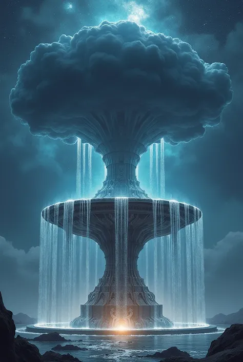 a cosmic fountain with cascades reflecting societal classes with a dark heavy cloud above it 