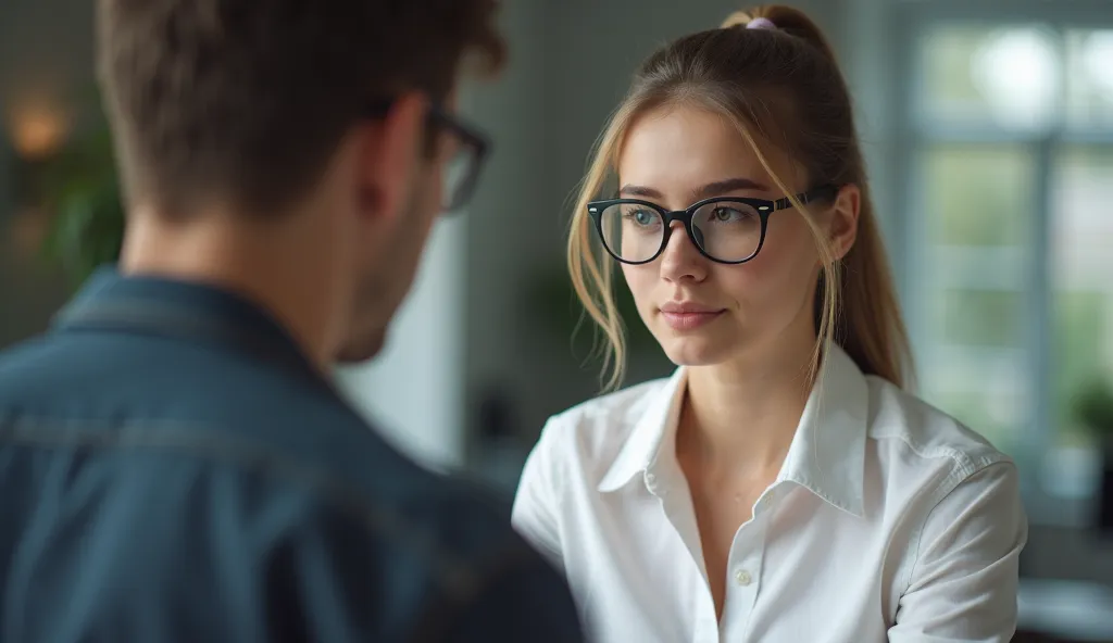 you need to portray in an ultra-realistic style a girl of Slavic appearance who is a boss, she is wearing a white shirt with a light neckline, in glasses, ponytail hair stands near the desktop. In front of her is a young man, 25 years old, the photo shows,...