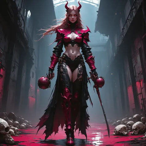 - "Russian" Adult Woman, Beautiful, tall, long legs, Devil Red Horns on her head (Cat Ears), Long Reddish Black Hair. 
Body full of tattoos that are very clearly visible. 

- Wearing a costume ("Full Sexy Armor"), a costume that embodies the "Devil" Form, ...