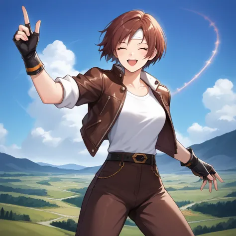 score_9, score_8_up, score_7_up, source_anime, 1 girl, solo, black hair, short cut, flirty eyes, eyes closed, smile, five fingers, open mouth, dressed (reddish brown leather jacket with rolled up sleeves), open jacket, reddish brown fingerless gloves, whit...