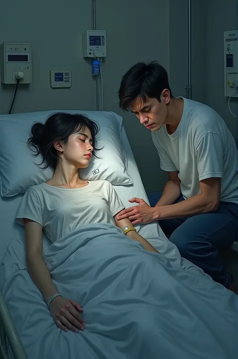 A girl sleeping in a hospital bed and a man crying next to her 