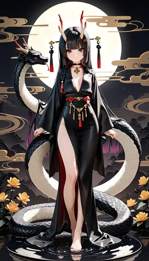 1girl, red eyes, long white braid hair, purple Gradient hair, blunt bangs, hime cut, soft smile, snake, dragon horns, flat Breast, Traditional office suit, high waist, side slit long skirt, Choker, bare legs, foot, toenails, black nails, masterpiece, best ...