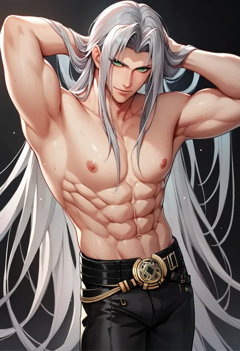 (masterpiece, best quality, cinematic lighting, Intricate details, UHD, CG art), sephiroth, topless male, grey hair, parted bangs, very long hair, black pants, pants, abs, belt, pectorals, green eyes, eyes:1.3, look at viewer, black belt, black background,...