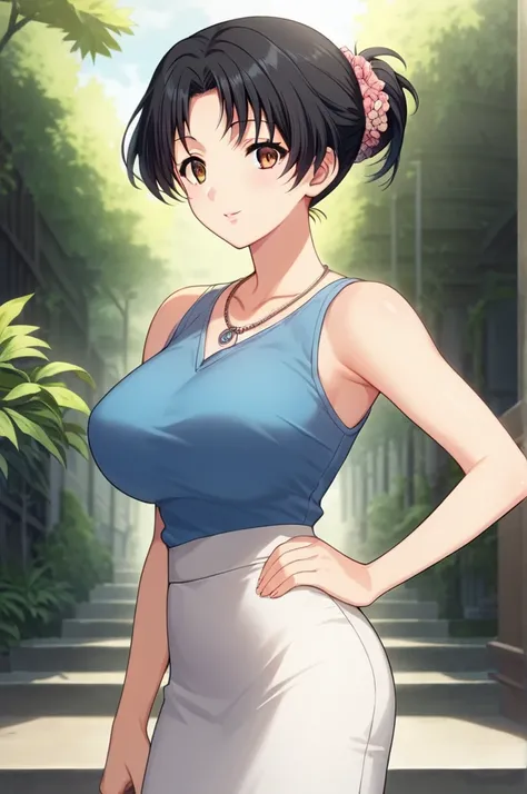  score_9,  score_8_ up,  score_7_ up,  source_Anime, rating_safe,  complicated details, Anime screencap,  official style ,  1 girl, Miyazato ,   black hair,  brown eyes,   hair over shoulder ,  Floral Scrunchies,  necklace, clavicle,  big breasts,  blue to...