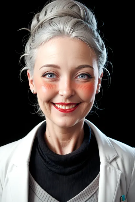 score_9, score_8_up, score_7_up, black background, elderly, woman, gray hair,, shocked face,  intelligent, lab coat, warm smile, black high neck sweater, gray skirt, looking toat viewer, blushing, red lip stick