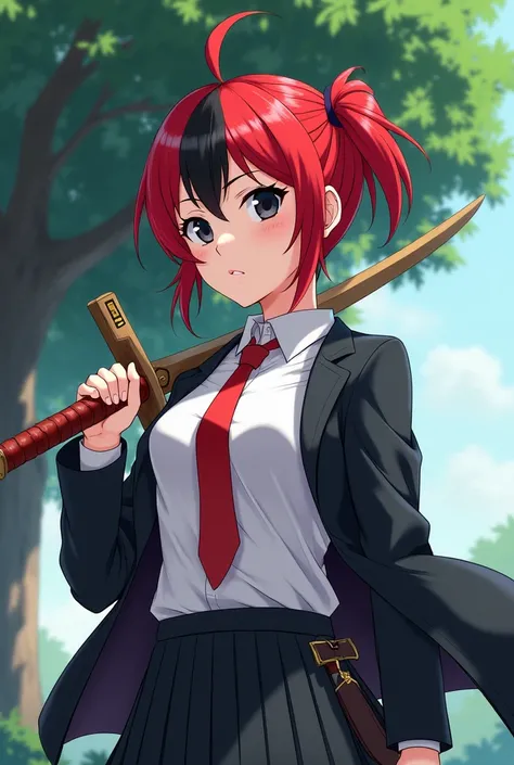 Anime, a young redhead with black hair in front, wears a white student shirt, ties a red tie, a black outer jacket, black eyes, a stirrup, holds a wooden sword under a tree.