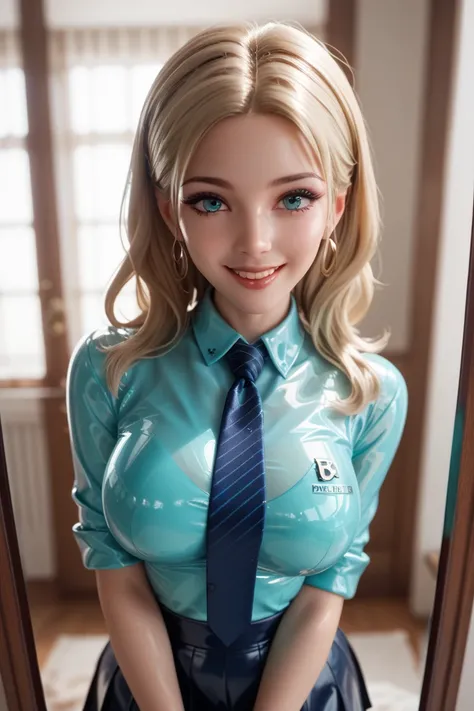     1 girl, In an extremely tight shiny turquoise latex polo shirt,      blondes Hair  ,    shiny hair   ,    two sides up   ,    reflection   ,    reflected light   ,  smile, Breasts, necktie, medium skirt , First person perspective, 