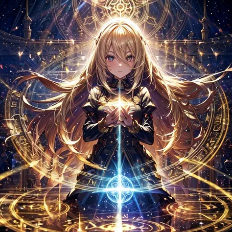 portrait of an anime beautiful girl ,blonde long hair, , a highly detailed,   a 2D, flat, symmetrical composition. -, magic vault, lolita long white dress, , decent, nature,(Magic Circle Effect, Projecting an enchanting magic circle on the stage during mag...